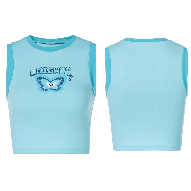Áo Croptop Sát Nách Cổ Tròn In Họa Tiết Bướm Màu Sắc Tương Phản Thời Trang Mùa Hè Cho Nữ