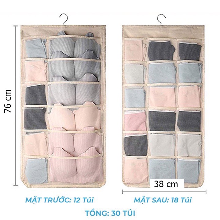 Túi Đựng Đồ Lót 30 Ngăn Có Móc Treo Túi Vải Đựng Đồ 2 Mặt COTANOW