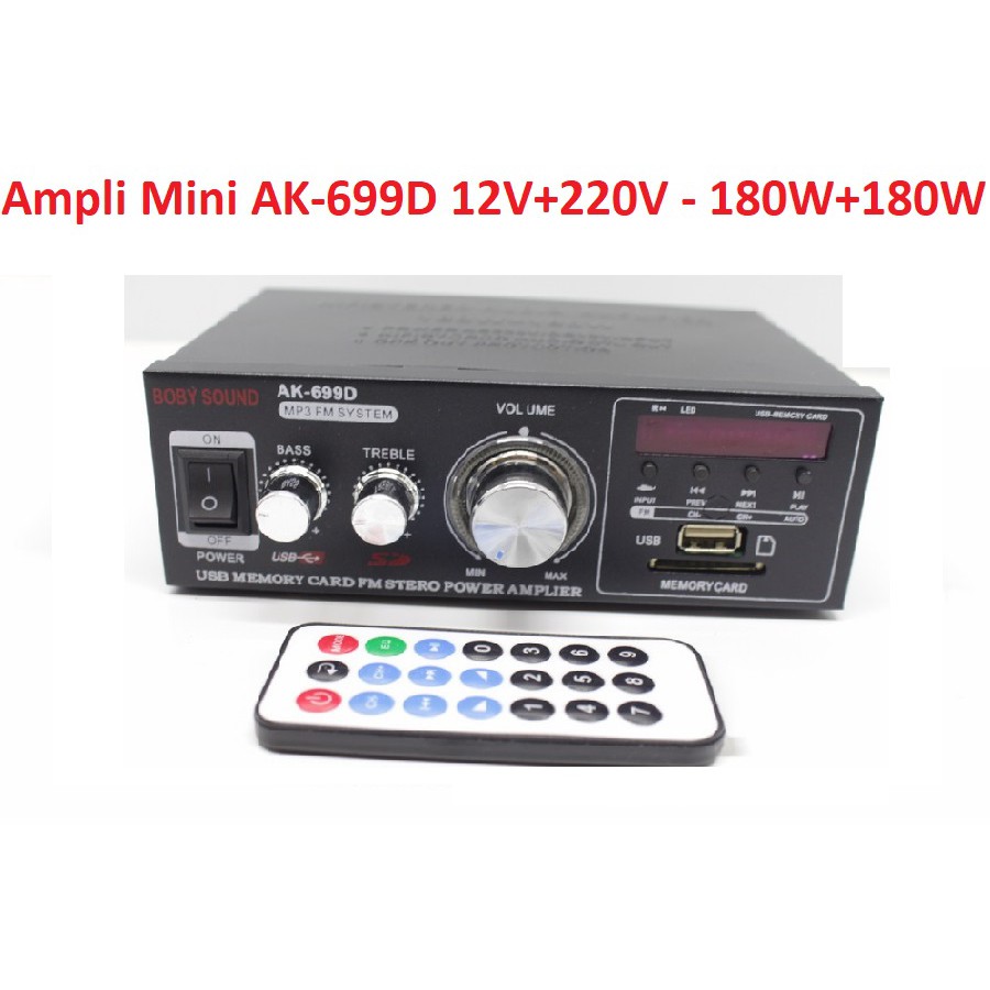 Ampli Mini AK-699D Blutooth 12V+220V - 180W+180W 3 in 1