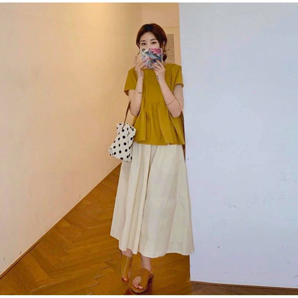 Set áo babydoll nơ kèm chân váy dài có lót như hình