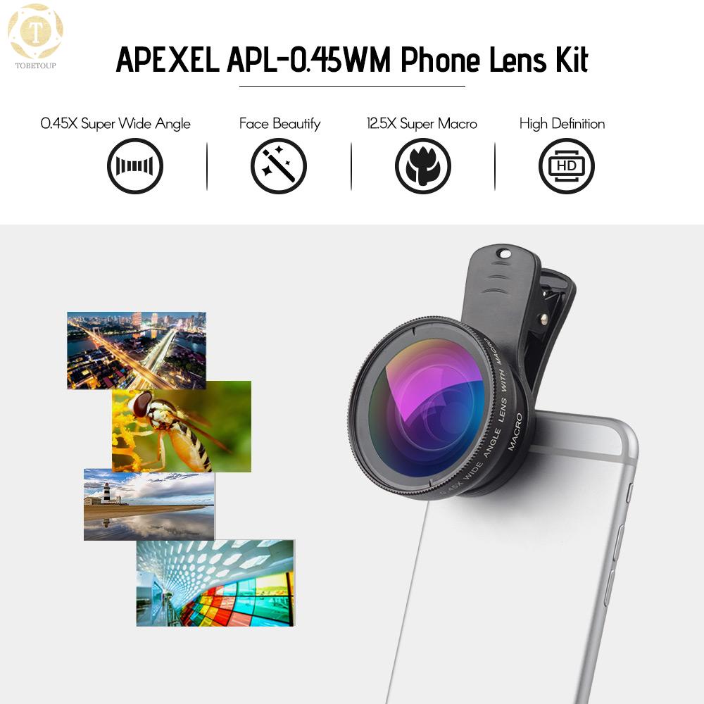 Shipped within 12 hours】 APEXEL APL-0.45WM Phone Lens Kit 0.45X Super Wide Angle & 12.5X Super Macro Lens HD Camera Lenses with Lens Clip for iPhone Samsung Huawei Xiaomi More Smartphone Phone Lens [TO]