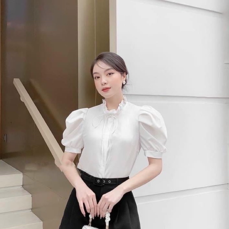 Áo sơ mi trắng tay bồng cổ xếp bèo trẻ trung