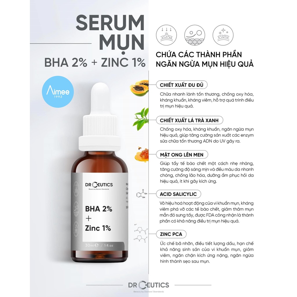 Serum BHA 2% + ZinC 1% DrCeutics Giảm Mụn Và Giảm Sưng Mụn 30ml [Aimee1992]