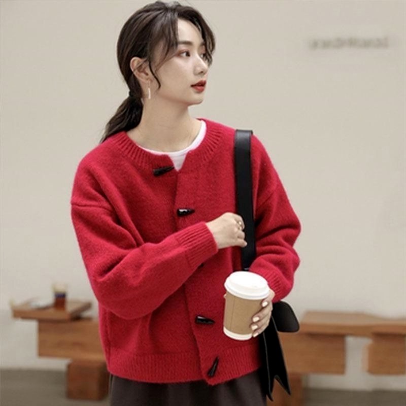 Áo khoác Cardigan dệt kim dáng rộng phối nút sừng phong cách Hàn Quốc thời trang mùa thu mới