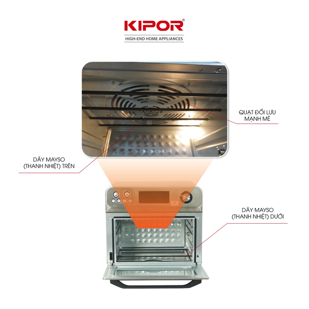 Nồi chiên không dầu KIPOR KP-AF655-24L-Nướng 2 mặt trên dưới RAPID AIR đối lưu-Thân inox304-Bảo hành tại nhà 12 tháng