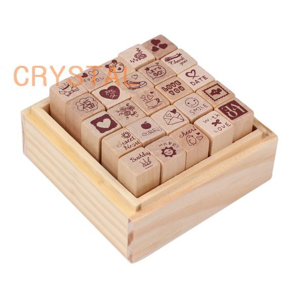 Set 25 con dấu tem trang trí nhật ký chủ đề tình yêu DIY kèm hộp gỗ