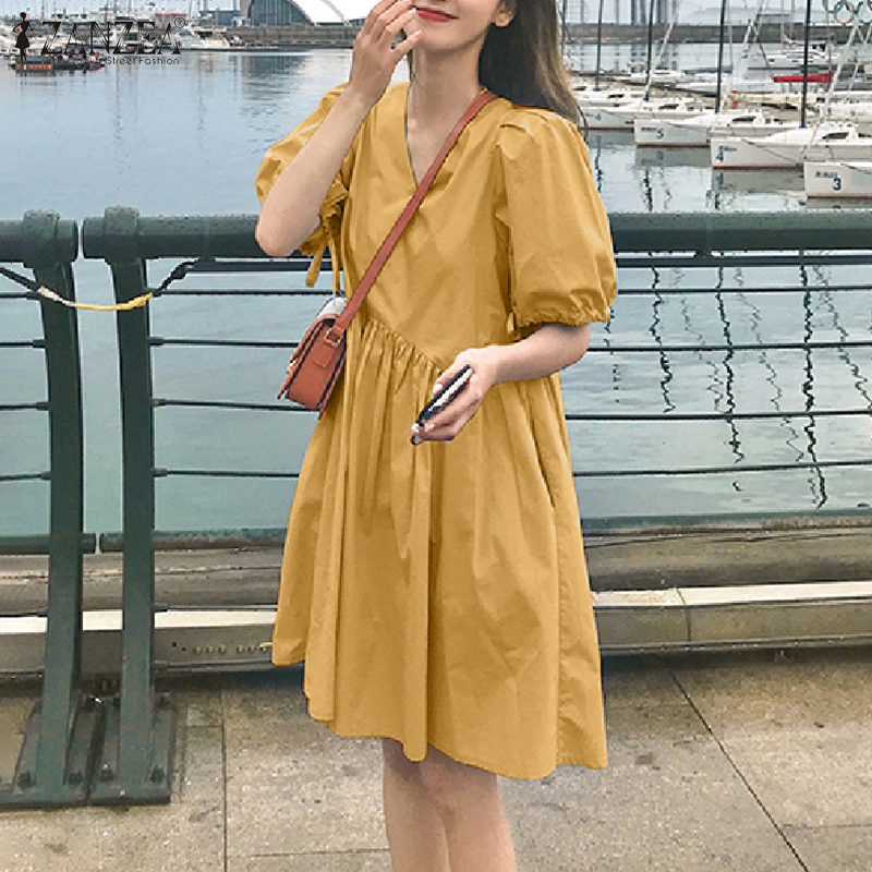 Đầm ZANZEA Ngắn Tay Cổ Chữ V Phối Xếp Ly Thanh Lịch Cho Nữ | BigBuy360 - bigbuy360.vn