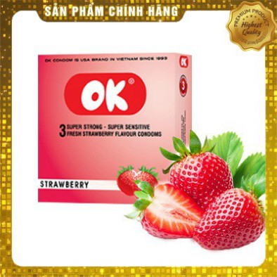 Bao cao su hương dâu tây cao cấp OK Strawberry - hộp 3 chiếc [ 100% chính hãng ]