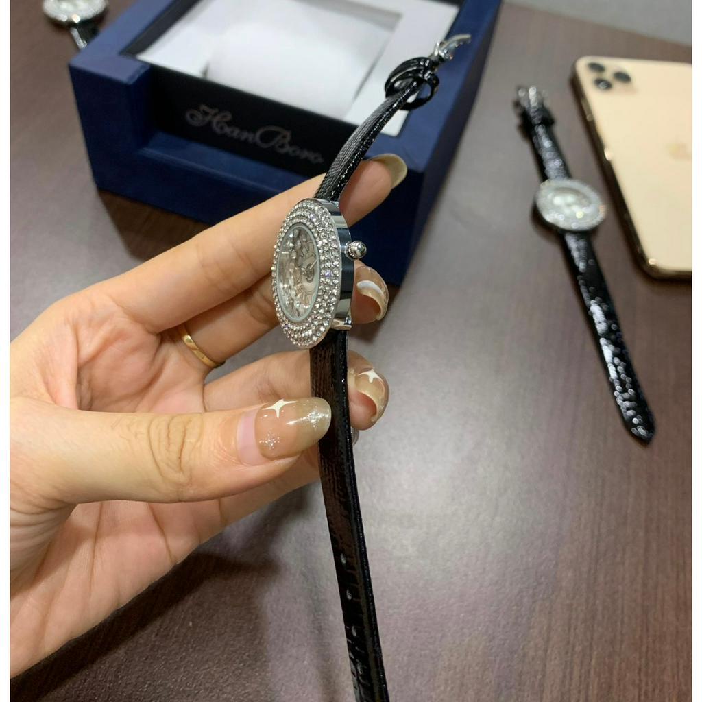 Đồng hồ nữ mặt full đính đá dây da đen vân rắn sang trọng