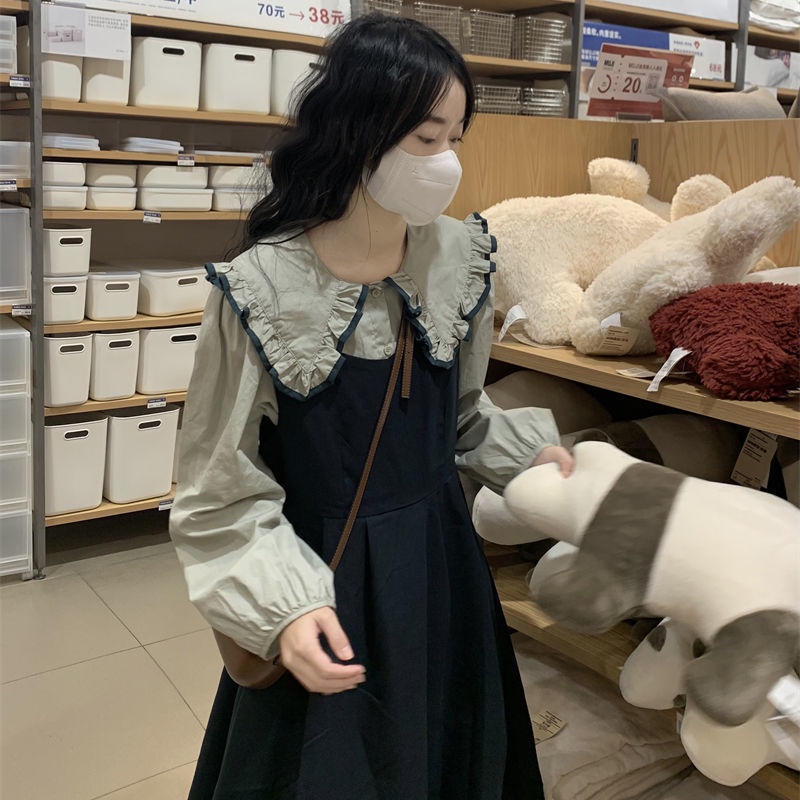 Set áo kiểu và đầm yếm dài trung bình cổ búp bê phong cách retro Nhật Bản dành cho nữ (có bán lẻ)