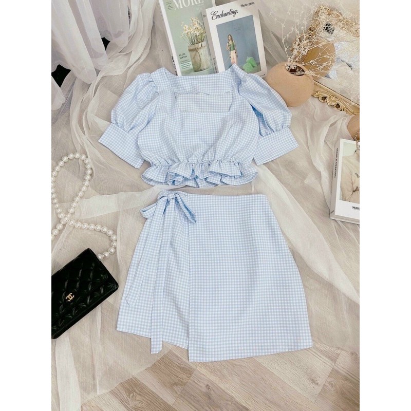 Set Áo Croptop Caro Xanh Lai Bèo Kèm Cv Cột Vạt