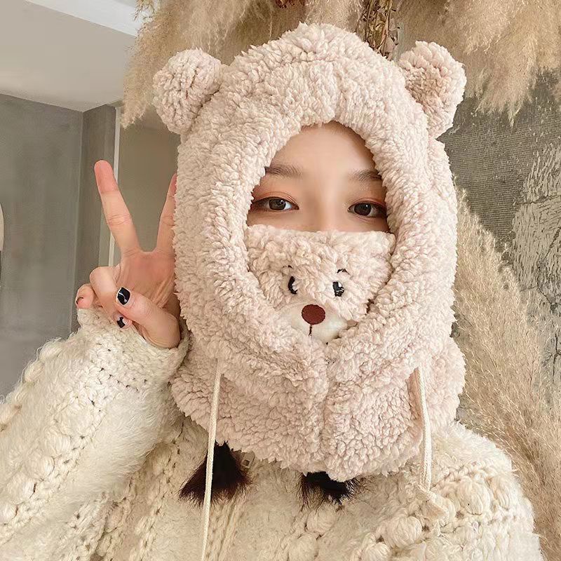 Mũ gấu dễ thương nữ mùa đông chùm tai phiên bản Hàn Quốc mũ chống gió đi xe đạp, bịt tai ấm áp kèm khăn quàng cổ