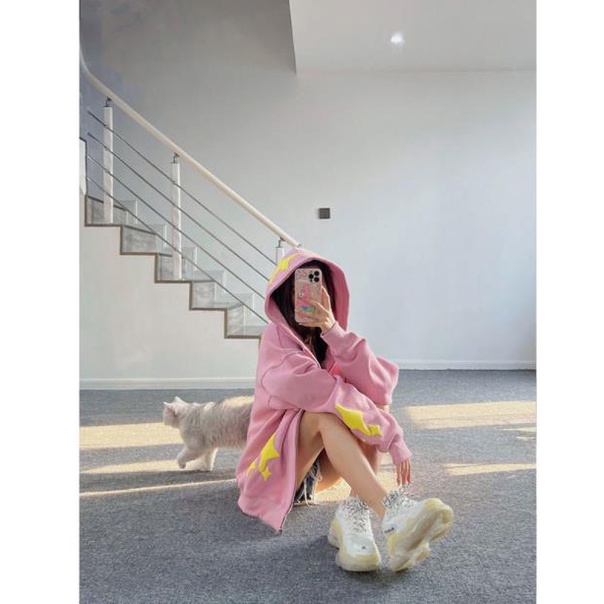 Áo hoodie thiết kế mùa thu 2022 màu hồng có khóa kéo dành cho nữ