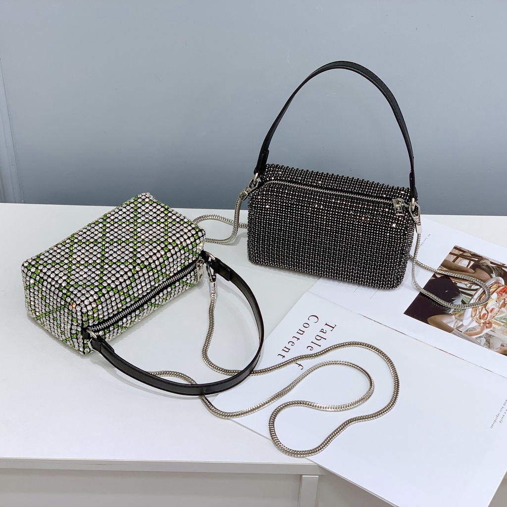 Túi Xách Đeo Vai Kiểu Vuông Nhỏ Đính Đá Kim Cương Giả Nhiều Màu Sắc Thời Trang Nữ 19cm