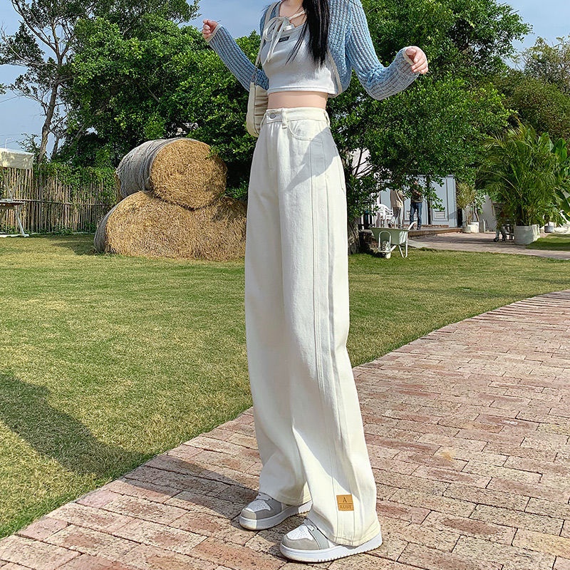 Jiashucheng Off-White Quần Jean Dài Ống Rộng Lưng Cao Dáng Suông Màu Trắng Thời Trang Mùa Thu Mới Cho Nữ