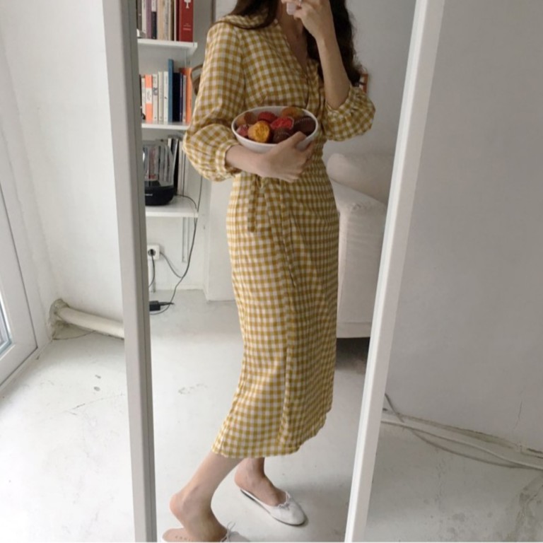 27623 Đầm Dài Tay Kẻ Sọc Hẹp Eo Hẹp