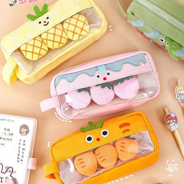 (Thohong001) Hộp đựng bút, túi đựng bút vải khóa hoa quả kèm tag, sticker bông KT 22*9