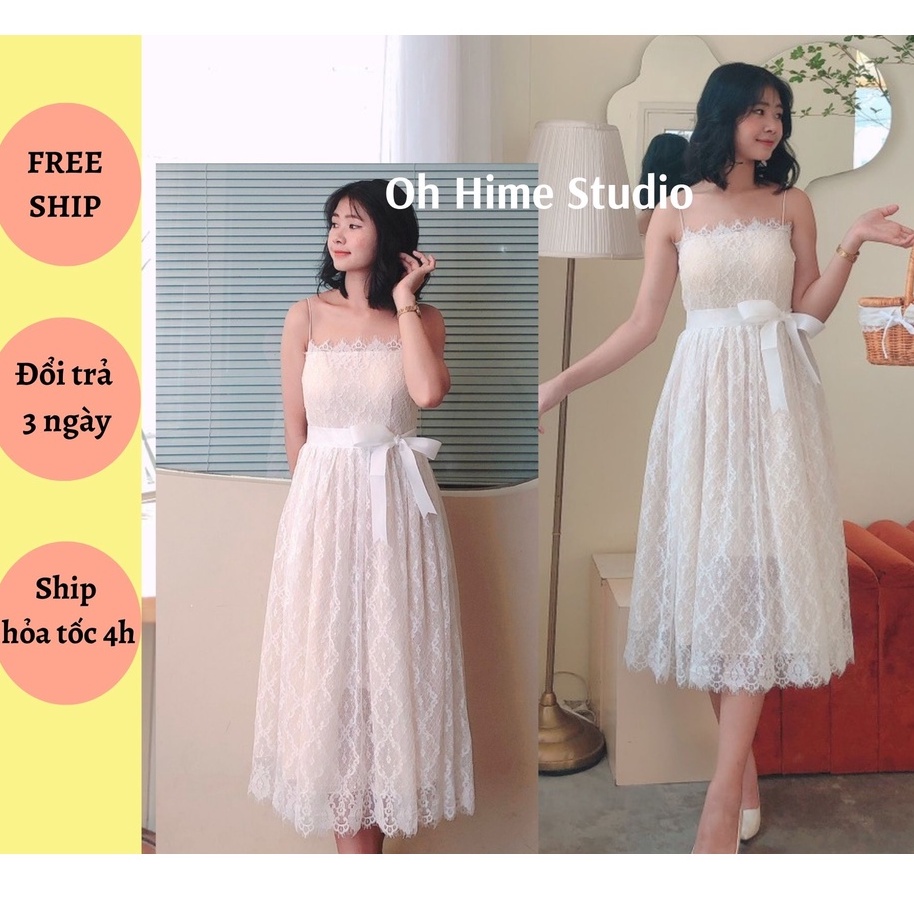 Váy đầm nữ chất liệu ren, 2 dây, dáng xòe bồng,tiểu thơ,dáng dài,buộc nơ eo,đi tiệc,chụp hình,dạo ph