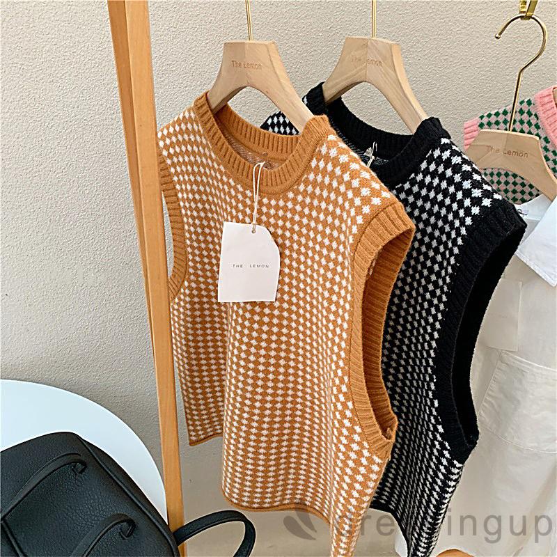 Áo Dệt Kim Không Tay Cổ Tròn Màu Sắc Tương Phản Phong Cách Retro Thời Trang Mùa Thu Cho Nữ