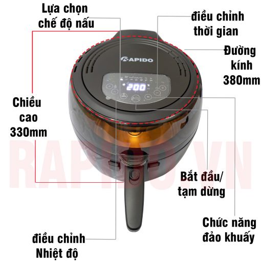 Nồi chiên không dầu điện tử Rapido RAF6.5D, công nghệ inverter, khay chiên chống dính cao cấp bảo vệ sức  khỏe bạn và gđ