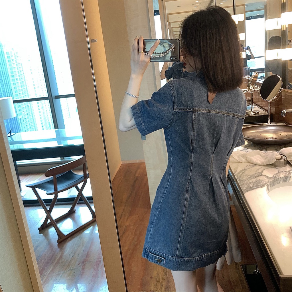 Đầm denim chiết eo thời trang mùa hè mới dành cho nữ 2021