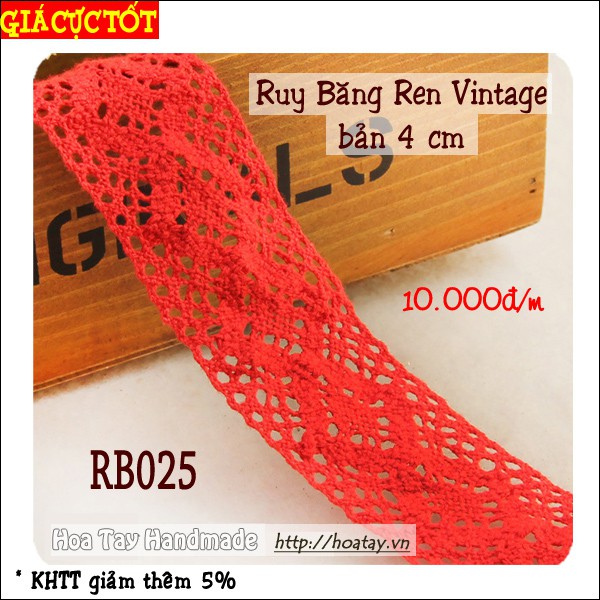 Ruy Băng Ren Vintage màu đỏ  4cm  dùng trang trí nón, túi xách, phụ kiện thủ công RB025