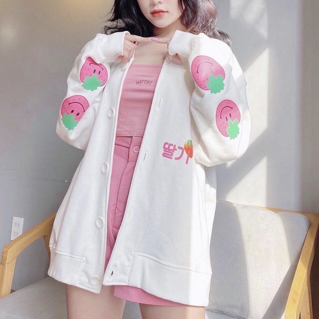 FREESHIP 50K - Áo Khoác Cardigan In Hình Dâu, Xinh Xắn Không Tróc, In Rõ Nét - CDGTRAIDAY