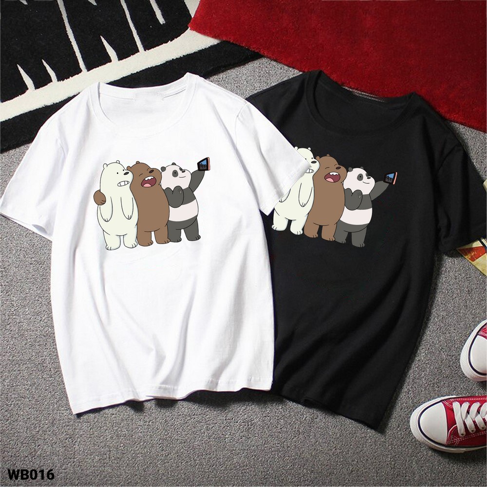 Áo Thun Cotton Ba Con Gấu Chụp Hình Unisex Nam Nữ Trắng Đen