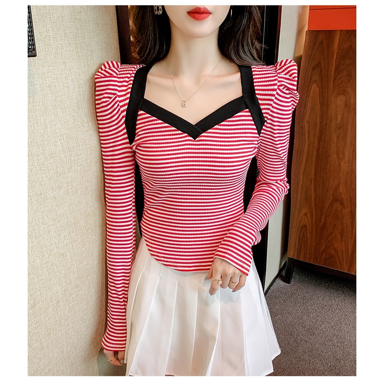 Áo len tay phồng ZHELIHANGFEI họa tiết kẻ sọc dáng ôm quyến rũ
