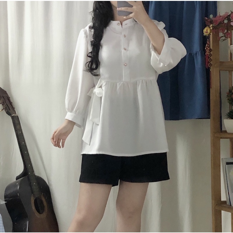Áo babydoll tay phồng công chúa thắt 1 bên eo lạ lạ xinh xinh tặng kèm scrunchie cùng màu