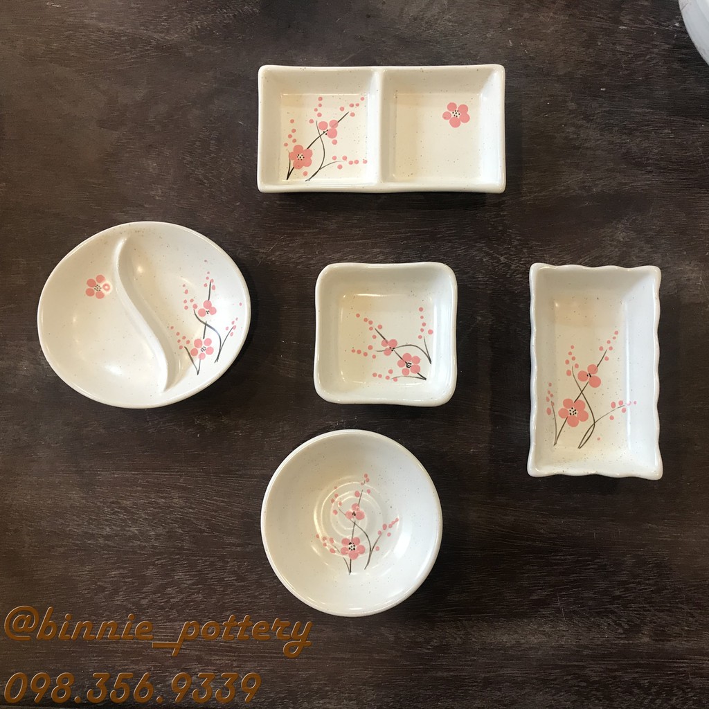 Đĩa sứ đựng gia vị men gấm trắng hoa đào cao cấp hàng xuất Nhật