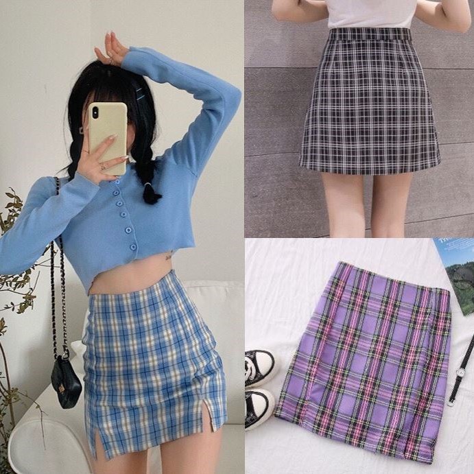 Chân váy kẻ caro dáng chữ A nhiều màu ULZZANG V-01