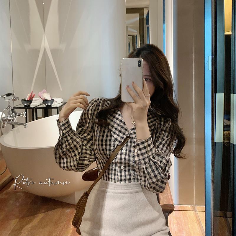 Áo sơ mi BH họa tiết caro tay dài phong cách cổ điển Hàn Quốc xinh xắn cho nữ
