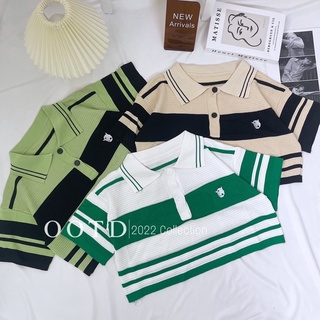 Áo croptop bigsize nữ cổ polo 3 cúc sọc thêu ngực trái [OOTD BIGSIZE 60-90KG]
