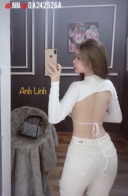 Áo croptop tay dài hở lưng Linh Ngọc Đàm buộc nơ sau - A5N