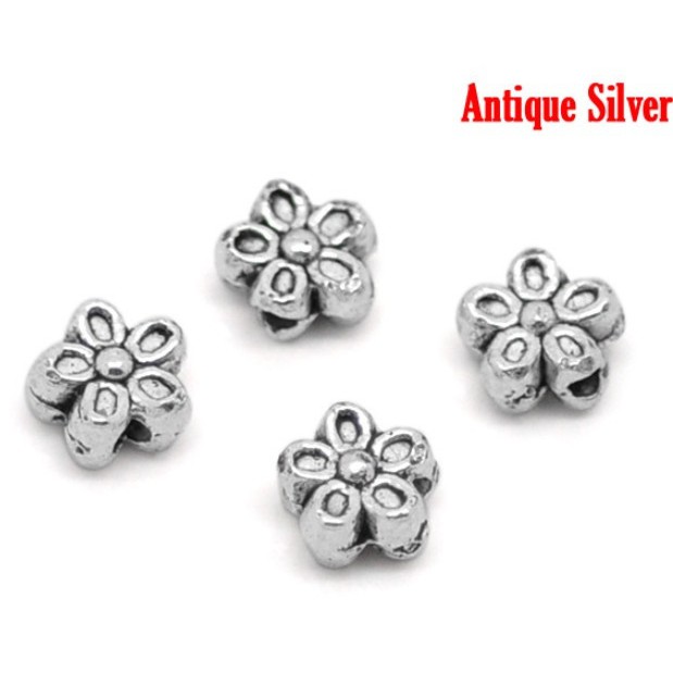 Bộ 20 Hạt Bạc 7*7mm Khắc Hình Bông Hoa Làm Vòng Tay/Vòng cổ Thủ Công