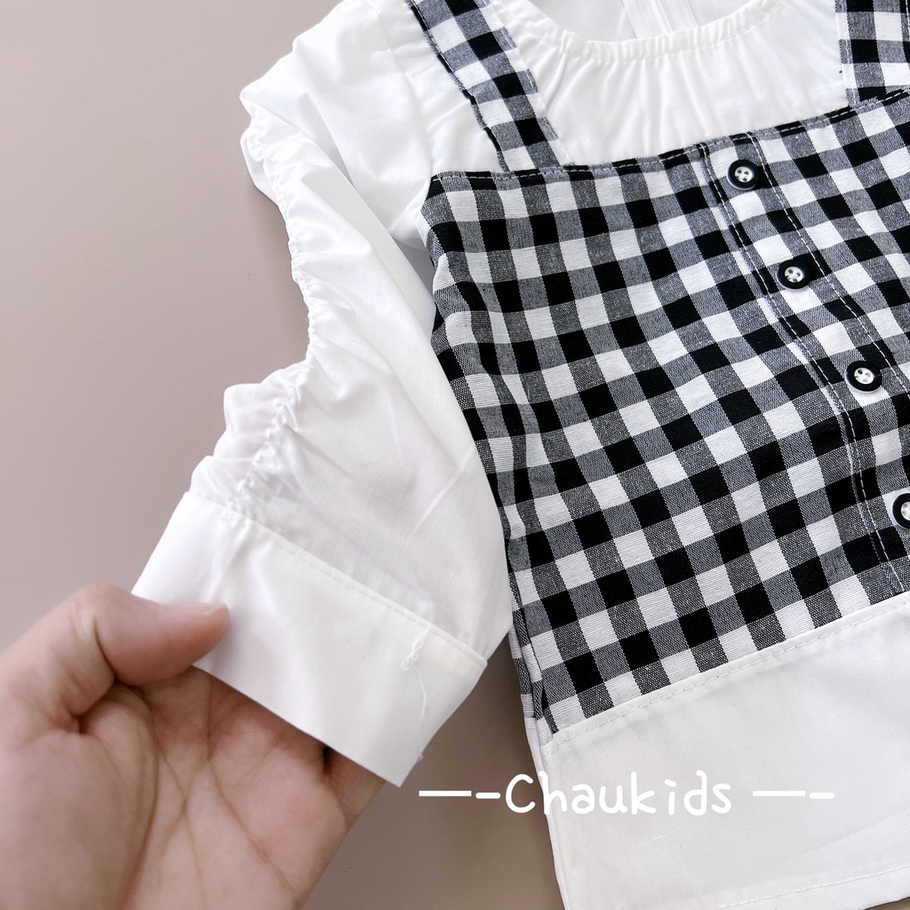 Bộ phối thân caro tay rút bé gái