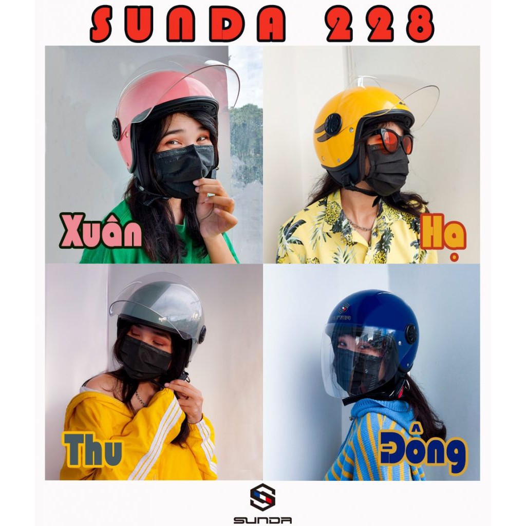Mũ bảo hiểm 3/4 SUNDA 228 size trung bình phù hợp cho nữ, hoặc nam đầu nhỏ hoặc phổ thông, ốp tai và lót mũ tháo giặt