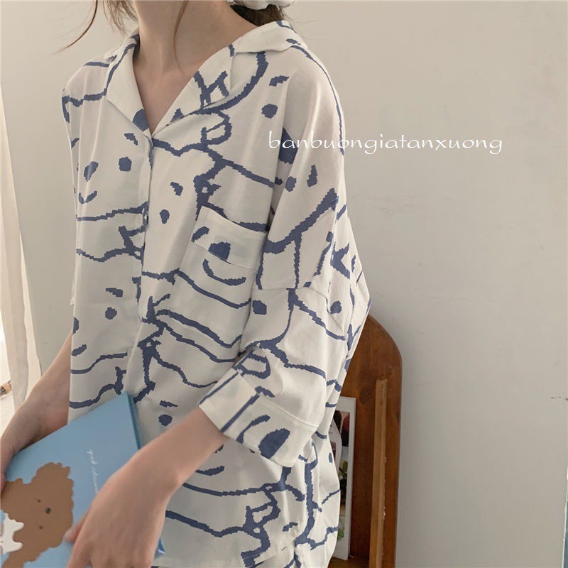 bộ ngủ mặc nhà, bộ pijama mặc nhà unisex hình gấu hai màu dễ thương