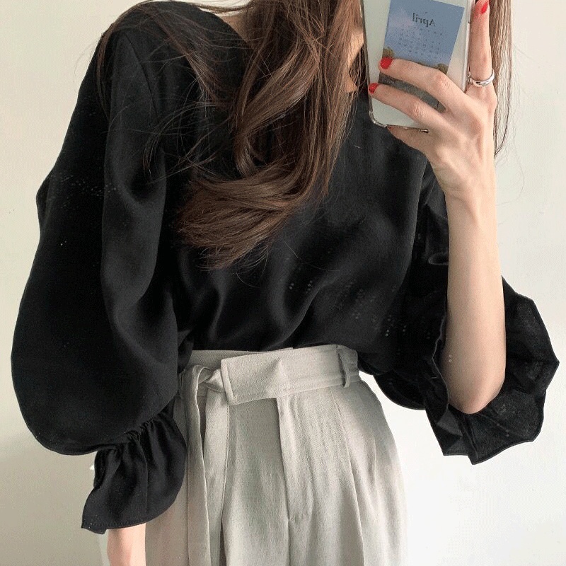 Áo blouse nữ ZANZEA tay phồng cổ tròn màu trơn thời trang thường ngày