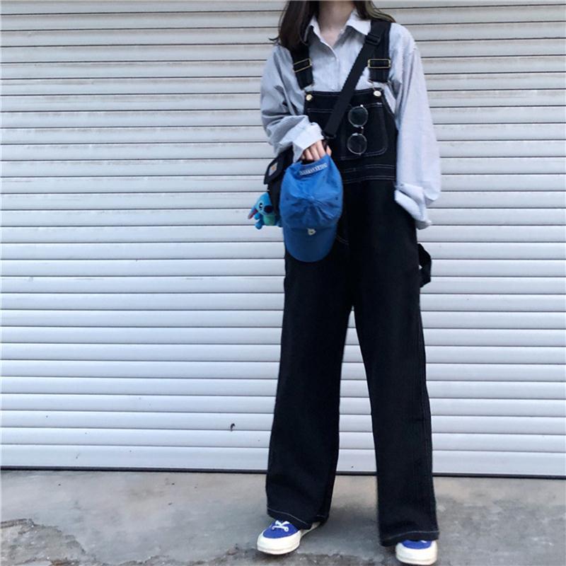 Quần Yếm Denim Ống Rộng Màu Đen Ống Rộng Phong Cách Hàn Quốc Retro Thời Trang Cho Nữ Mới