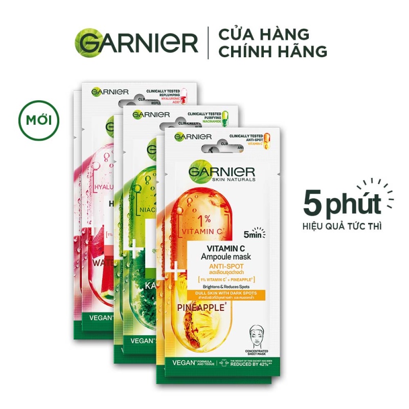 Bộ 6 mặt nạ tinh chất giúp làm sạch sâu, giảm bã nhờn, sáng da &amp; chống lão hóa Garnier 5 Minute Ampoule Mask 15GX6