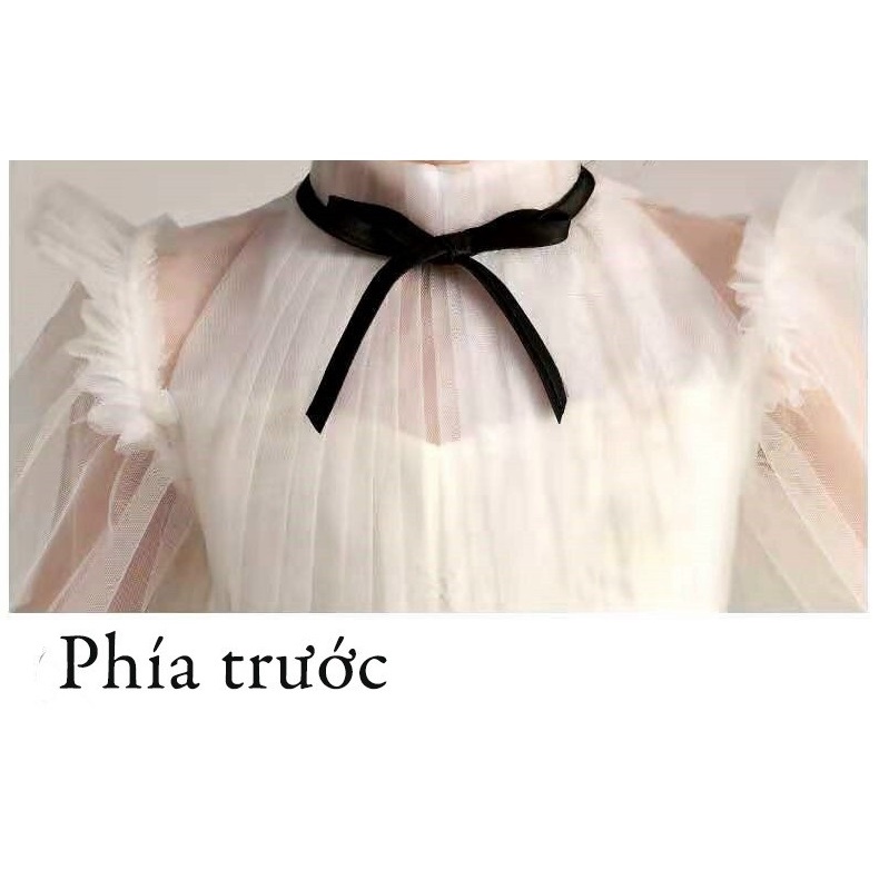 Váy công chúa bé gái thiết kế cao cấp cho bé đi dự tiệc phù dâu siêu xòe màu trắng tay phồng nơ đen DBG063