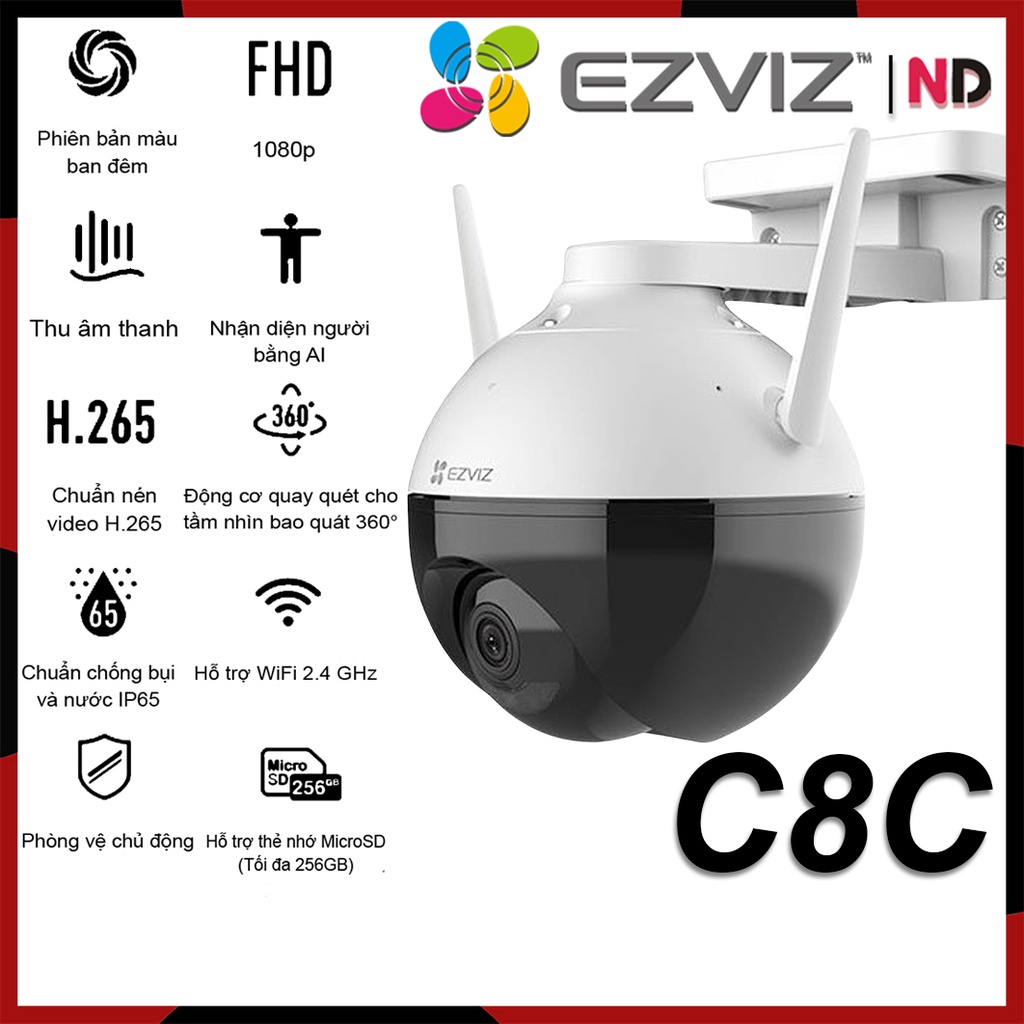Camera Ngoài Trời Wifi 2MP EZVIZ C8C HD 1080P Điều Khiển Xoay 360° - Hàng chính hãng bảo hành 24 tháng