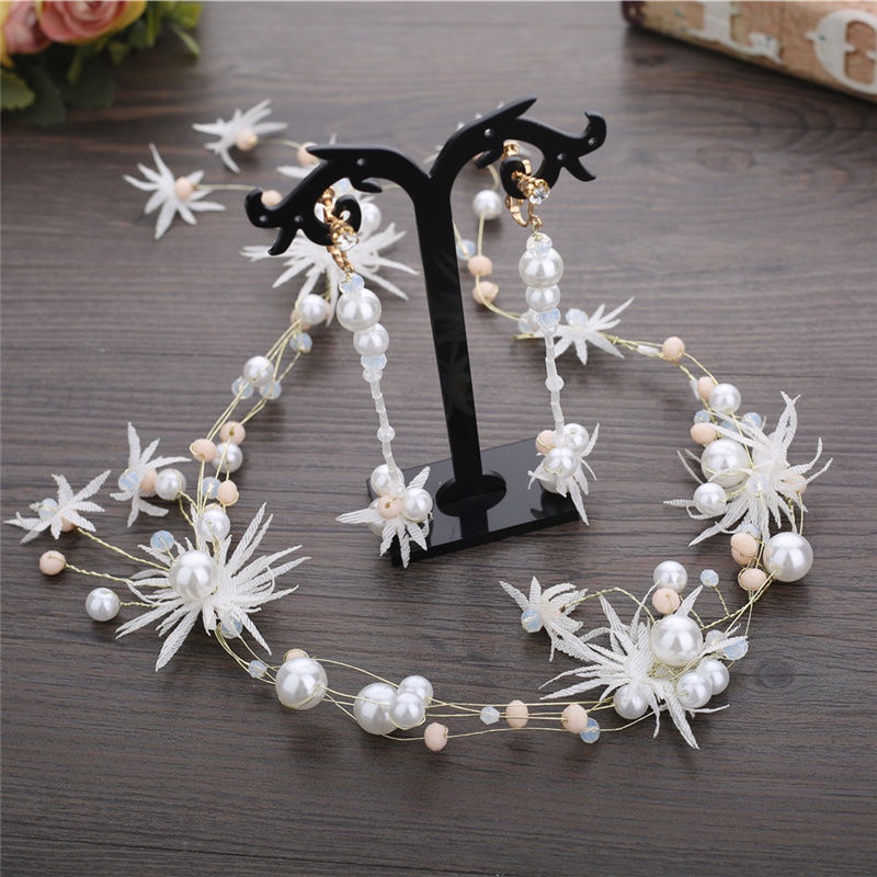 Bộ Băng Đô Cài Tóc + Bông Tai Đính Hoa Và Cánh Bướm Handmade Cho Cô Dâu