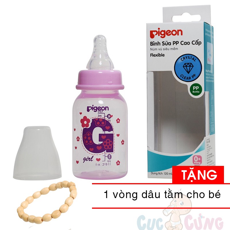 Bình sữa Pigeon nhựa PP cổ thường cao cấp BOY/GIRL 120ml  Tặng 1 vòng dâu tằm đeo tay cho bé