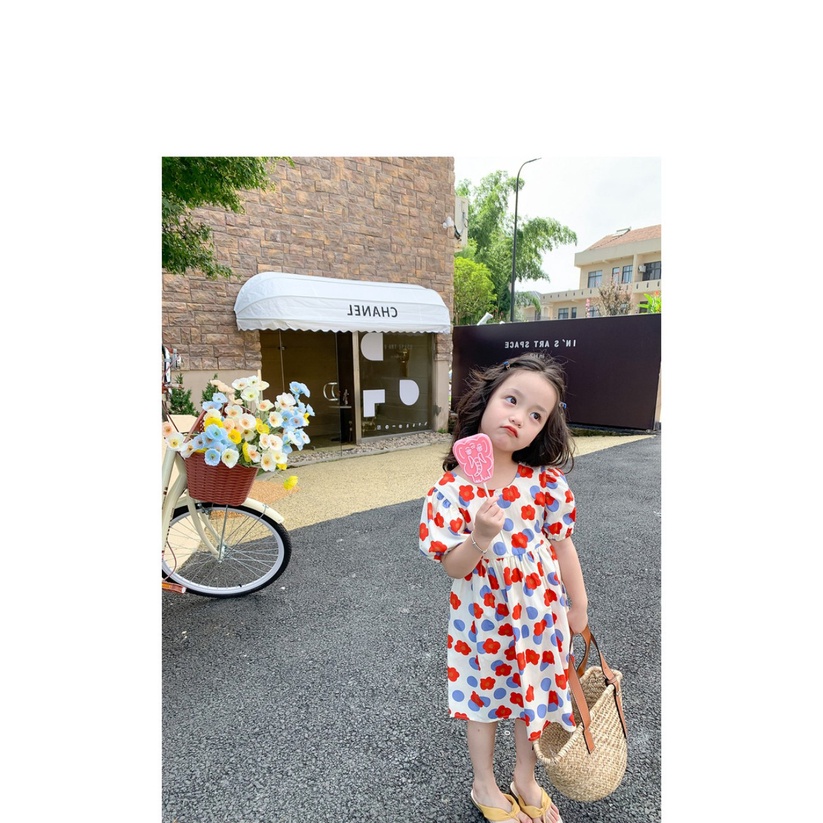 (13-24kg)Áo đầm hoa Quảng Châu cao cấp style khoét lưng cho bé gái(ảnh thật)