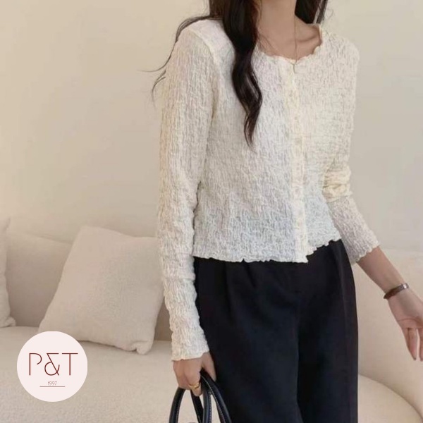 Áo dài tay nữ phối cúc chất xốp nhăn, Áo thun nữ dáng ôm body chất co giãn