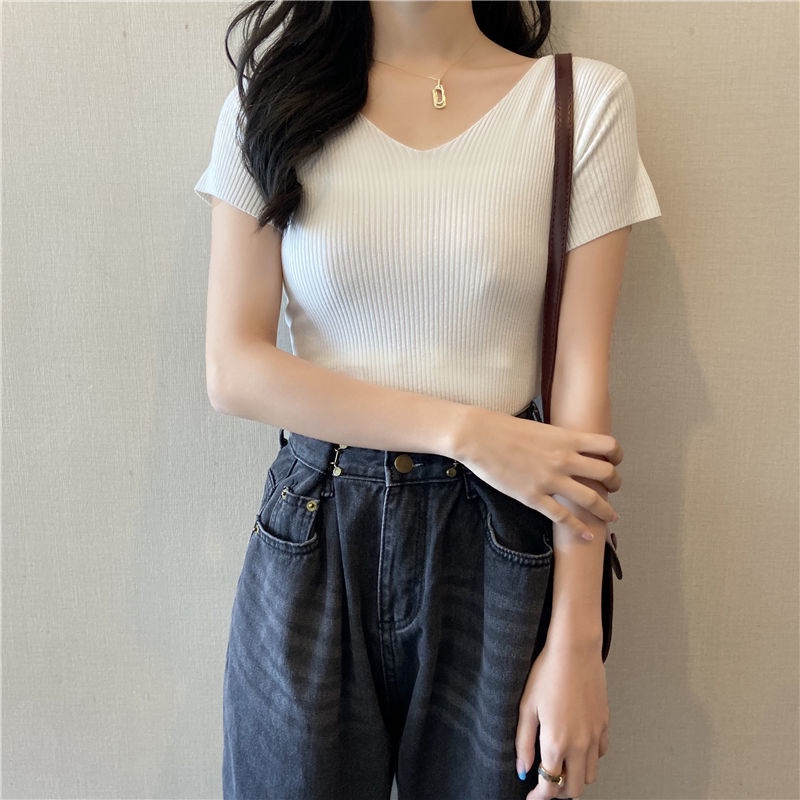 Fashion V-neck ice silk short-sleeved bottoming sweater thin top solid color T-shirt women's short-sleeved