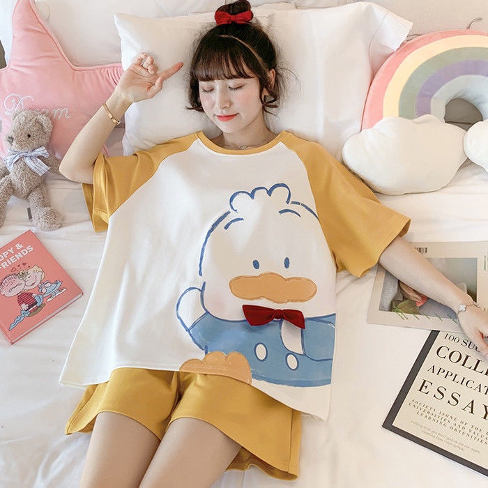 Bộ Đồ Ngủ Tay Ngắn Phối Bèo Họa Tiết Hoạt Hình Dễ Thương Phong Cách Hàn Quốc Cho Nữ